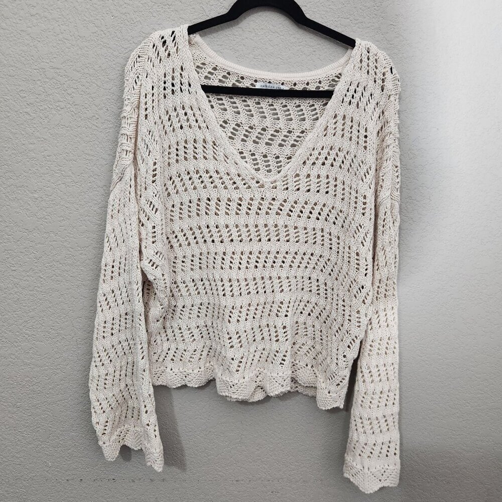 American Eagle Open Knit Cropped Lightweight Sweater Xl Cream Pointelle Textured